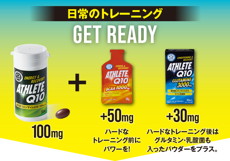 日常のトレーニングGET READYハードなトレーニング前にパワーを！ハードなトレーニング後はグルタミン・乳酸菌も入ったパウダーをプラス。